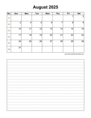 august 2025 calendar notes vertical