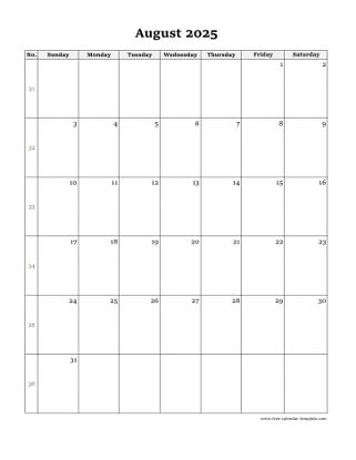 august 2025 calendar simple vertical