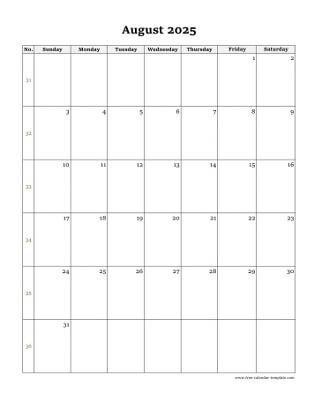 august 2025 calendar simple vertical