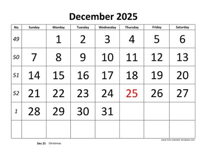 december 2025 calendar bigfont horizontal