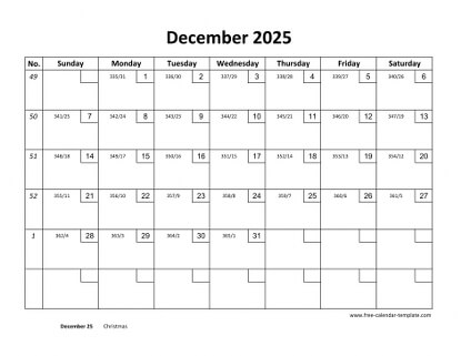december 2025 calendar checkboxes horizontal