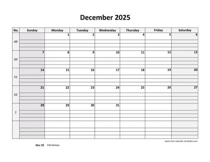 december 2025 calendar daygrid horizontal