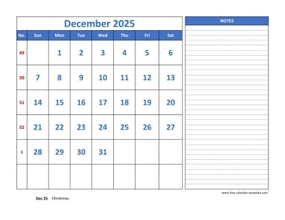 december 2025 calendar largenotes horizontal