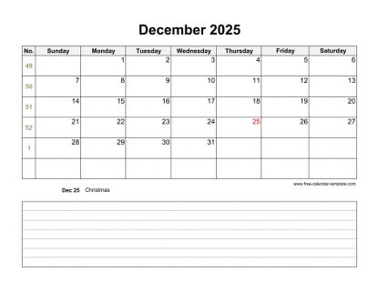 december 2025 calendar notes horizontal