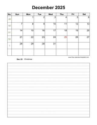 december 2025 calendar notes vertical