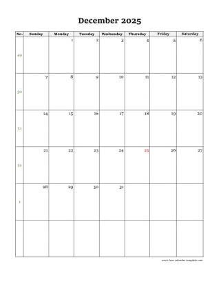 december 2025 calendar simple vertical
