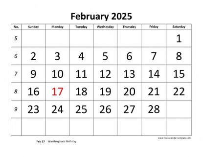 february 2025 calendar bigfont horizontal