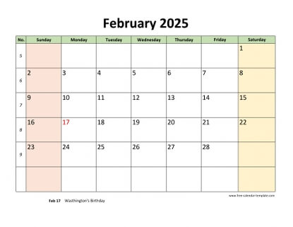 february 2025 calendar colored horizontal