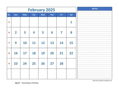 february 2025 calendar largenotes horizontal