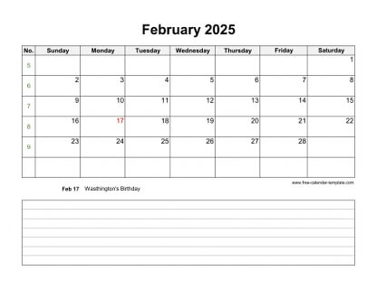 february 2025 calendar notes horizontal