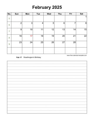 february 2025 calendar notes vertical