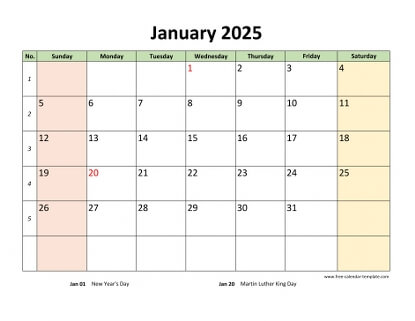 january 2025 calendar colored horizontal