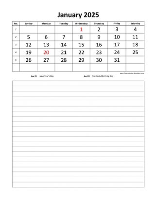 january 2025 calendar daily notes vertical
