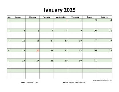 january 2025 calendar daycolored horizontal