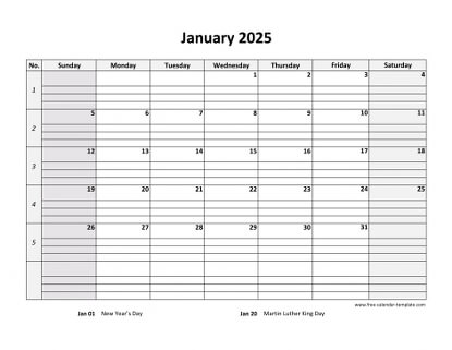 january 2025 calendar daygrid horizontal