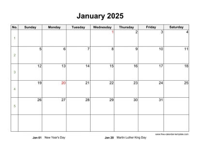 january 2025 calendar holidays horizontal