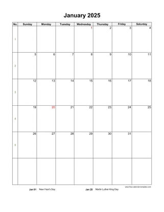 january 2025 calendar holidays vertical