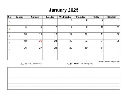 january 2025 calendar notes horizontal
