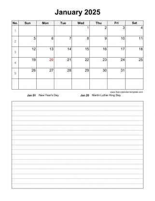 january 2025 calendar notes vertical