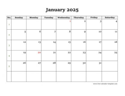 january 2025 calendar simple horizontal