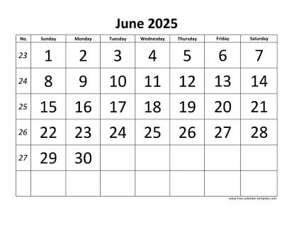 june 2025 calendar bigfont horizontal