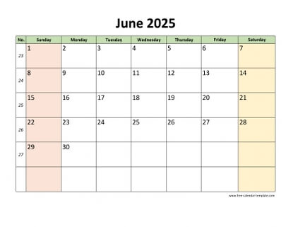 june 2025 calendar colored horizontal