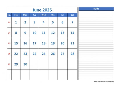 june 2025 calendar largenotes horizontal