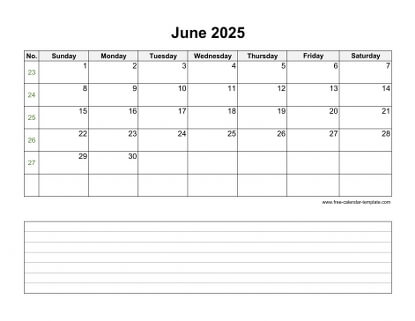 june 2025 calendar notes horizontal