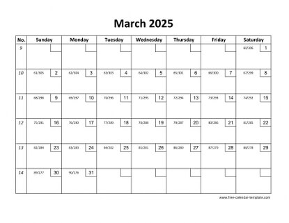 march 2025 calendar checkboxes horizontal