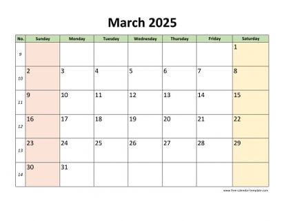 march 2025 calendar colored horizontal