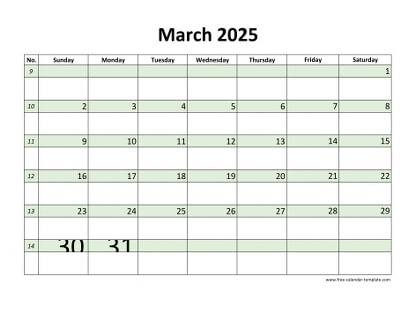 march 2025 calendar daycolored horizontal