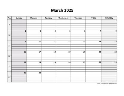 march 2025 calendar daygrid horizontal