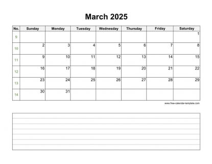 march 2025 calendar notes horizontal