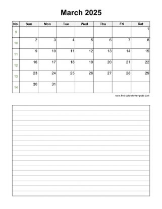 march 2025 calendar notes vertical