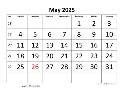 may 2025 calendar bigfont horizontal