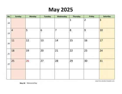 may 2025 calendar colored horizontal