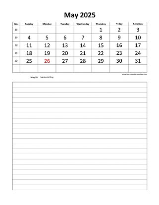 may 2025 calendar daily notes vertical