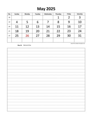 may 2025 calendar daily notes vertical