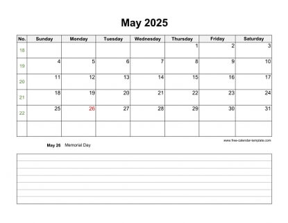 may 2025 calendar notes horizontal