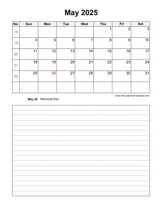 may 2025 calendar notes vertical