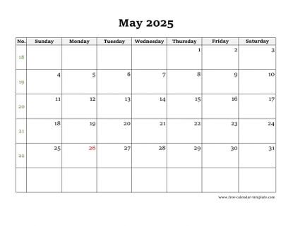 may 2025 calendar simple horizontal
