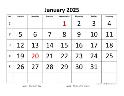 monthly 2025 calendar bigfont horizontal