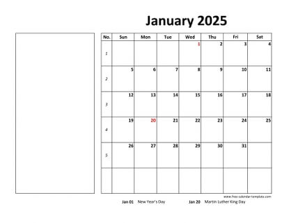 monthly 2025 calendar boxnotes horizontal