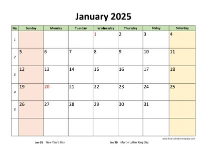 monthly 2025 calendar colored horizontal