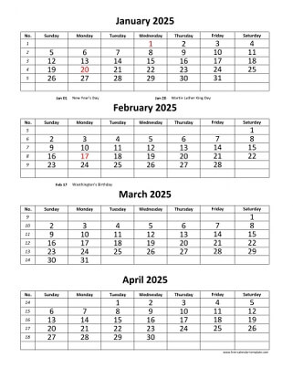 monthly 2025 calendar four months vertical