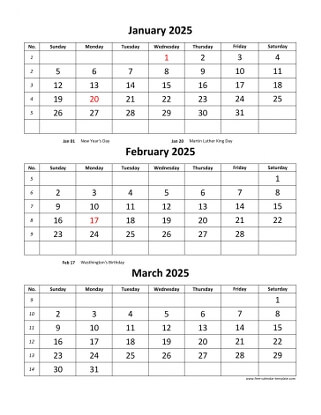monthly 2025 calendar three months vertical