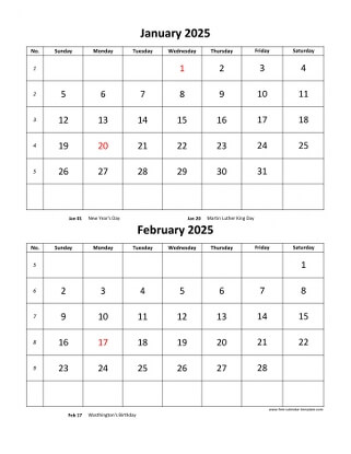 monthly 2025 calendar two months vertical