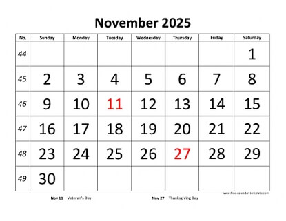november 2025 calendar bigfont horizontal