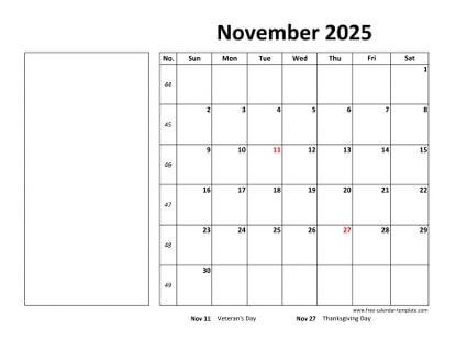 november 2025 calendar boxnotes horizontal