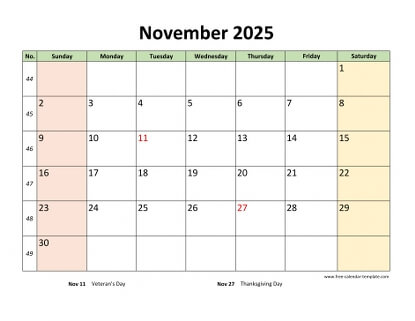 november 2025 calendar colored horizontal
